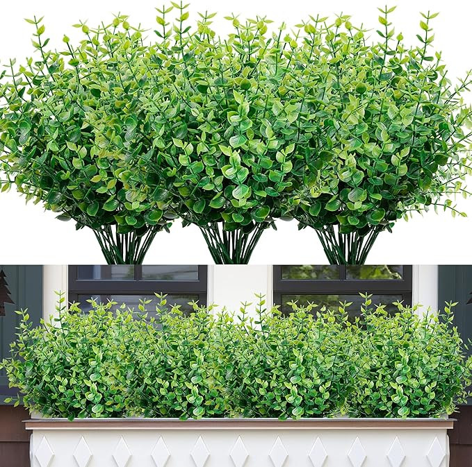 Faux Greenery Stems Plastic Artificial Boxwood, 20 Bundles Faux Boxwood Shrubs Outdoor Artificial... | Amazon (US)