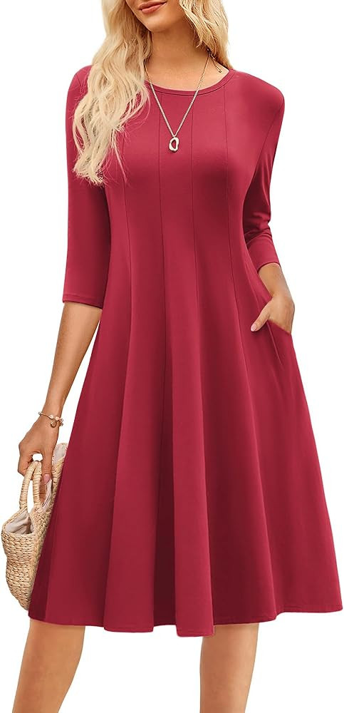 GRACE KARIN Womens 2025 Trendy Dresses Crew Neck 3/4 Sleeve A Line Loose Casual Midi Dress with P... | Amazon (US)