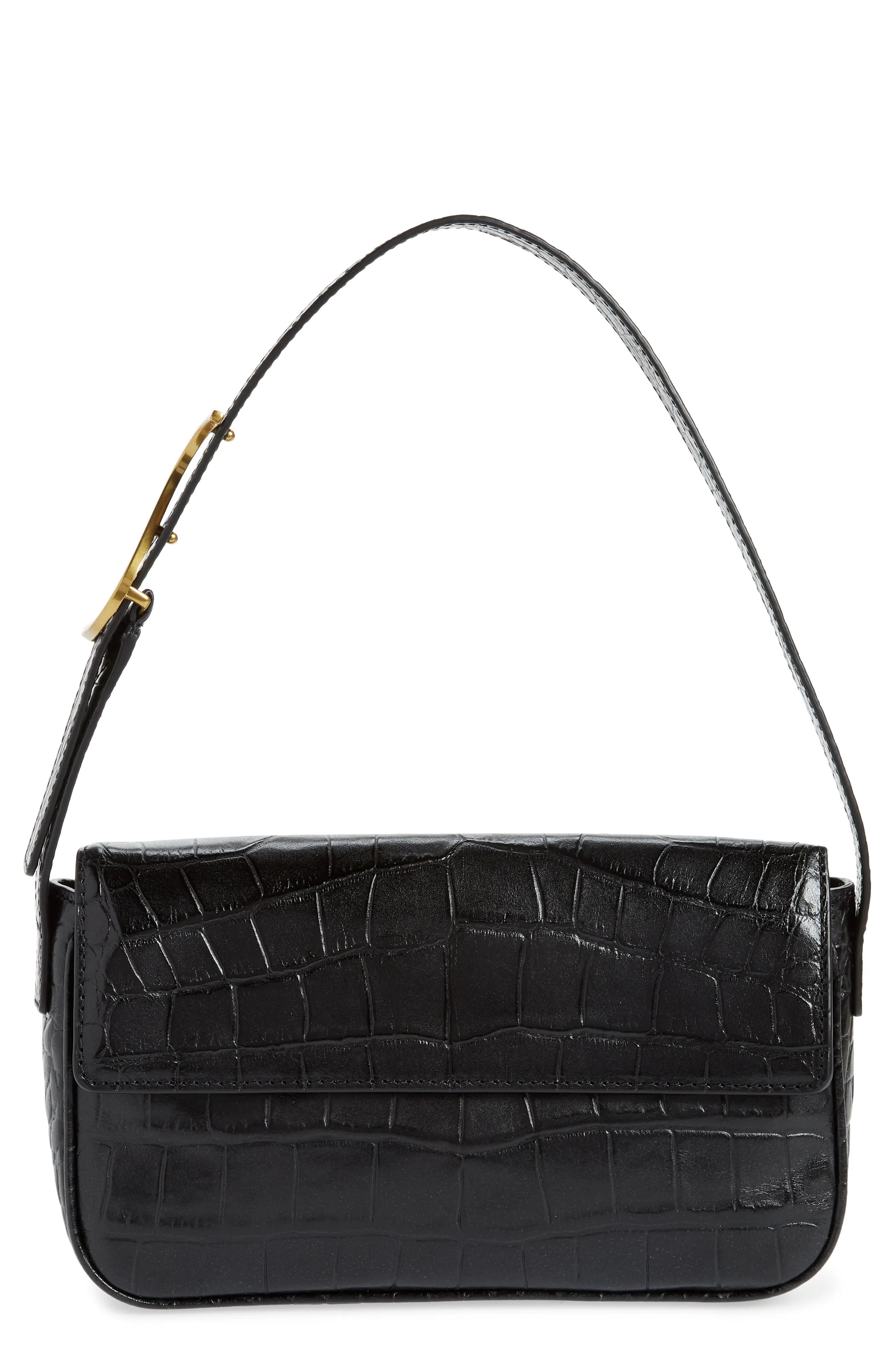 Staud Tommy Croc Embossed Leather Shoulder Bag - Black | Nordstrom