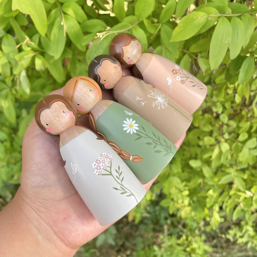 Peg dolls with butterflies and flower details - Earth Tones / Peg people / Wooden Toys / Nursery ... | Etsy (US)