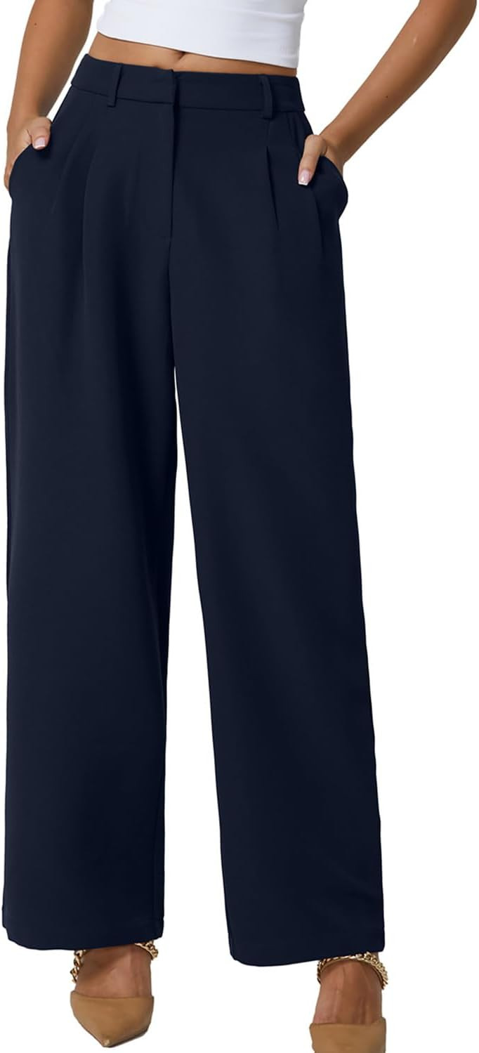 QINSEN Wide Leg Dress Pants for Women High Waisted Wrinkle Free Work Pants with Pockets Casual Slack | Amazon (US)