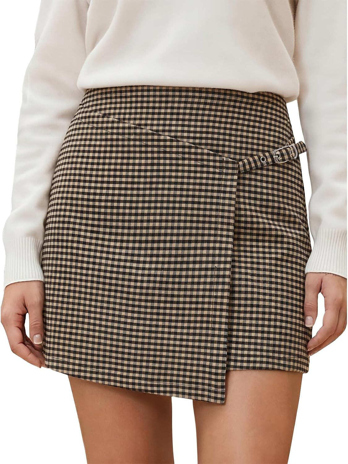EXLURA Women's Fall Winter Plaid Mini Skirt Y2K Asymmetrical Bodycon Skirts | Amazon (US)