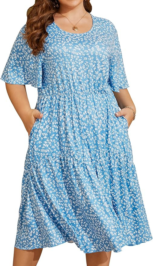 Plus Size Summer Dresses for Women Casual Boho Floral A Line Party Midi Dress | Amazon (US)