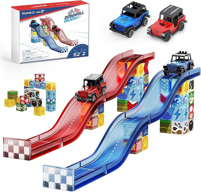 52 PCS Magnetic Tiles Race Car Track Set with 2 Racing Trucks, STEM Educational Travel Magnetic B... | Amazon (US)
