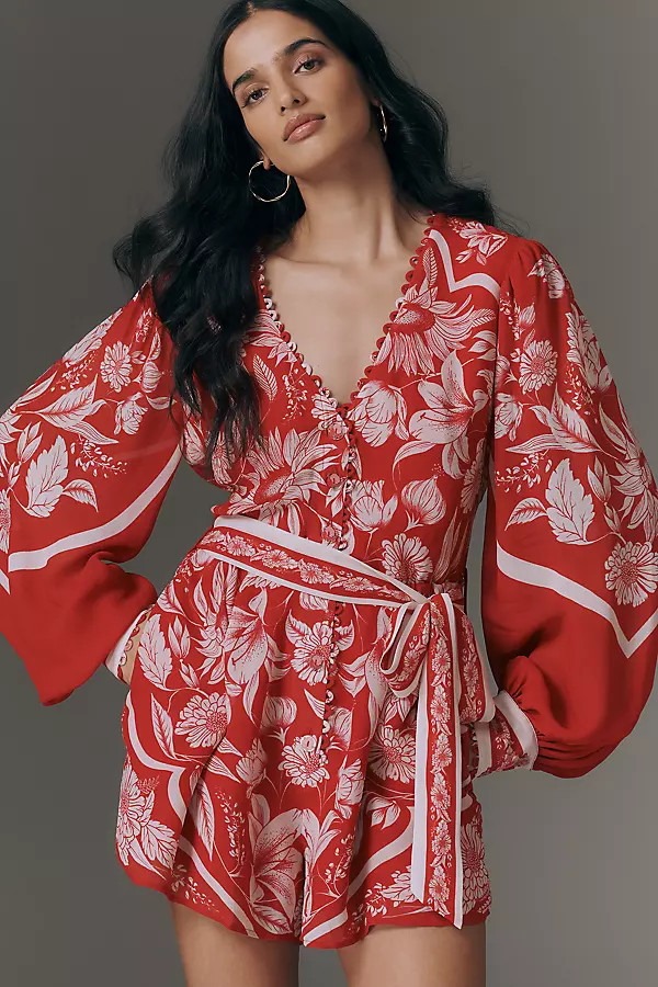 Anthropologie x Farm Rio Belted V-Neck Balloon-Sleeve Romper | Anthropologie (US)