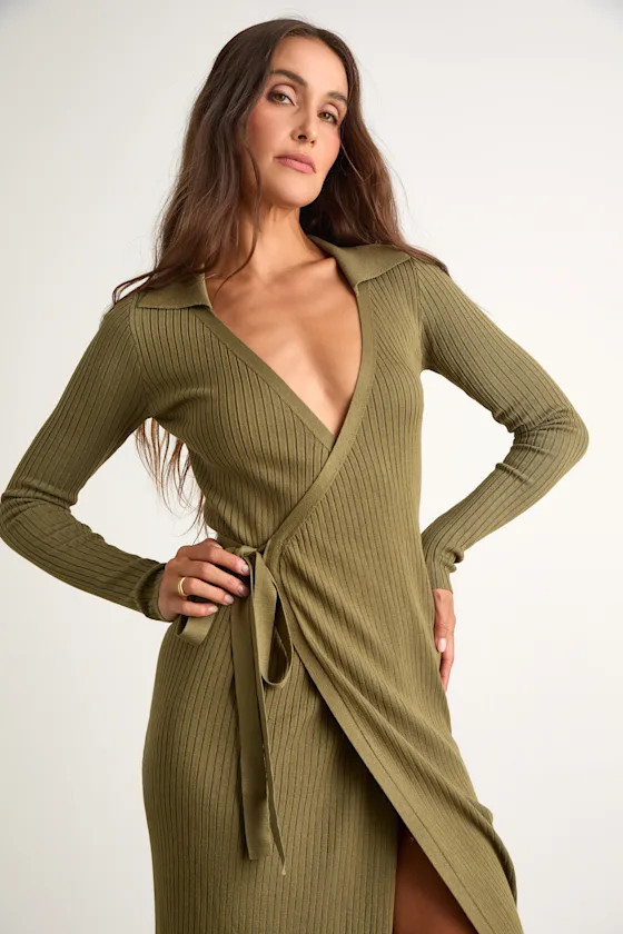 Neyla Olive Green Ribbed Sweater Wrap Midi Dress | Lulus