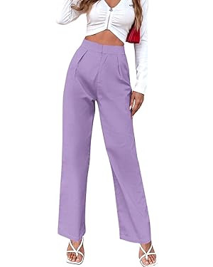 SweatyRocks Women's High Waist Zip Up Pleated Pants Straight Leg Long Trousers Pants with Pocket | Amazon (US)