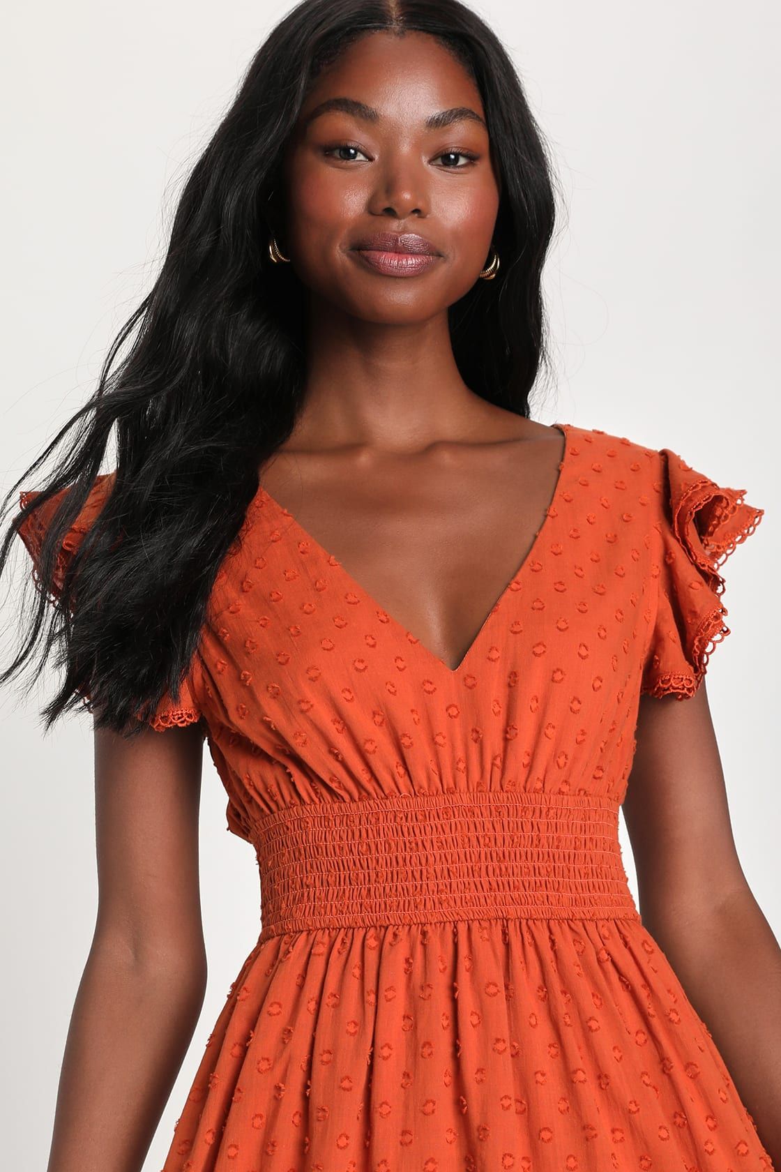 Brunch Plans Rust Orange Swiss Dot Smocked Backless Midi Dress | Lulus (US)