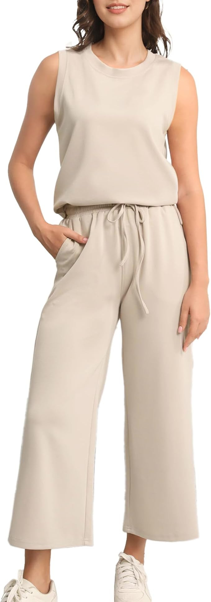 Womens 2 Piece Outfits Sleeveless Tunic Tank Top Drawstring High Waist Wide Leg Pants Lounge Sets... | Amazon (US)