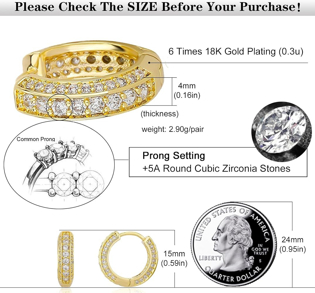 Hoop Earrings for Women 18K Gold Plated Iced Out Silver Huggie Earrings for Men Hypoallergenic Cu... | Amazon (US)