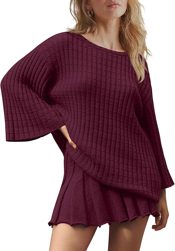 LAMISSCHE Womens Lounge Set Oversized 2 Piece Sweater Skirt Sets Long Sleeve Knit Top Pleated Ski... | Amazon (US)