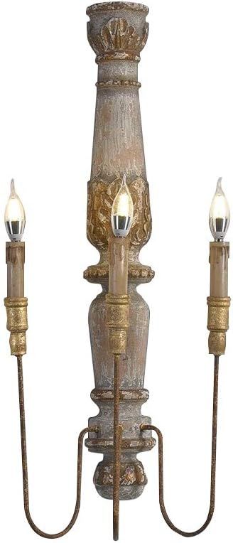 JiuZhuo Farmhouse Rustic 3-Light Distressed Carved Wood Candle Wall Sconce Rust Metal | Amazon (US)