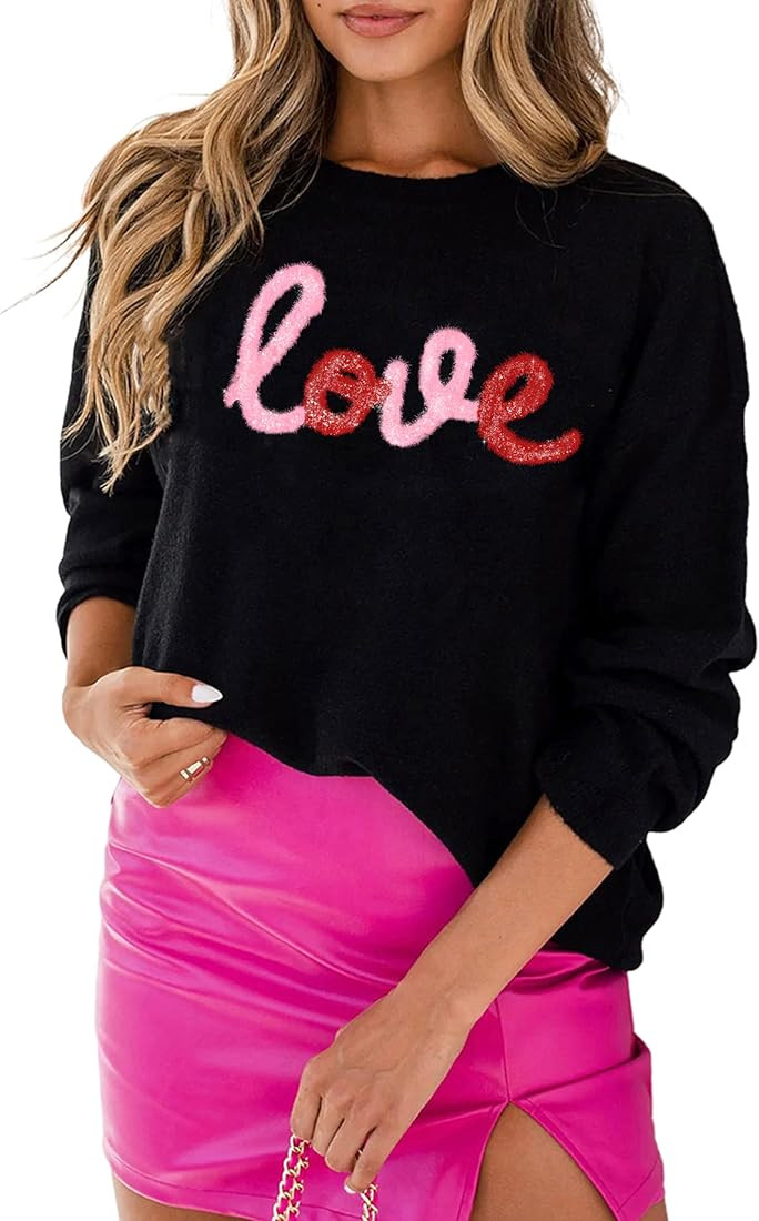 LEMAFER Women 2023 Merry Christmas Round Neck Sequin Letters Sweater Casual Solid Slogan Long Sle... | Amazon (US)