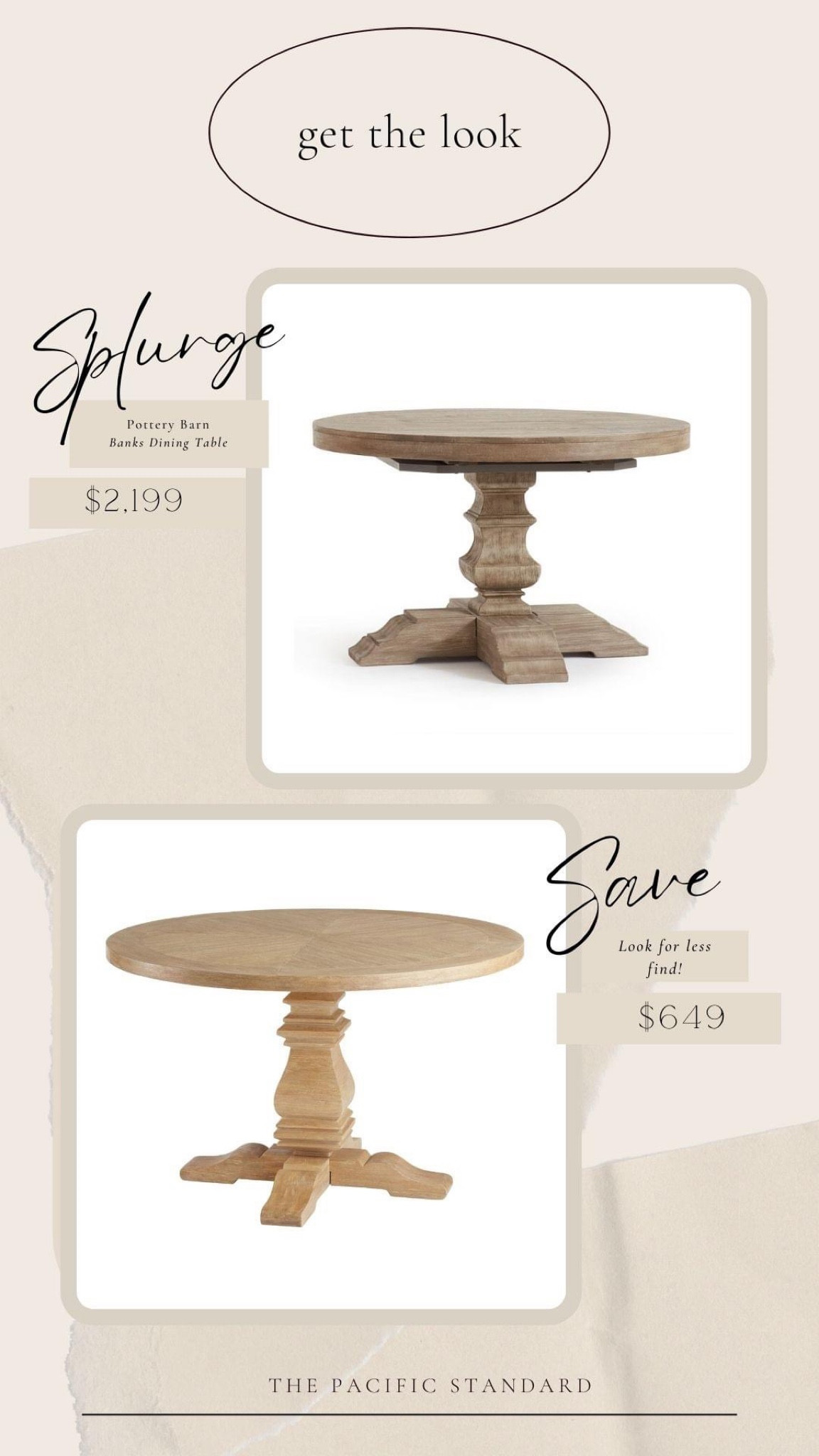 Daily Find #238 | Pottery Barn Banks Pedestal Dining Table #lookforless 

Diameters of both tables is 48" (PB version is extendable) 

#LTKstyletip #LTKsalealert #LTKhome