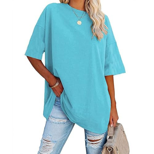 luwita Oversized Tshirts For Women Womens Oversized T Shirts Crew Neck Tees Short Sleeve Cozy Comfy Tunic 2025 Y2K Tops Casual Pullover Blue Sky | Amazon (US)