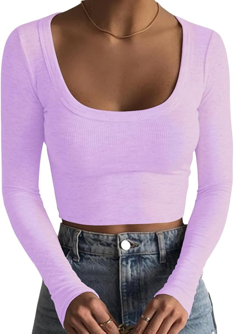 Artfish Women's Square Neck Long Sleeve Ribbed Slim Fitted Casual Basic Crop Top | Amazon (US)