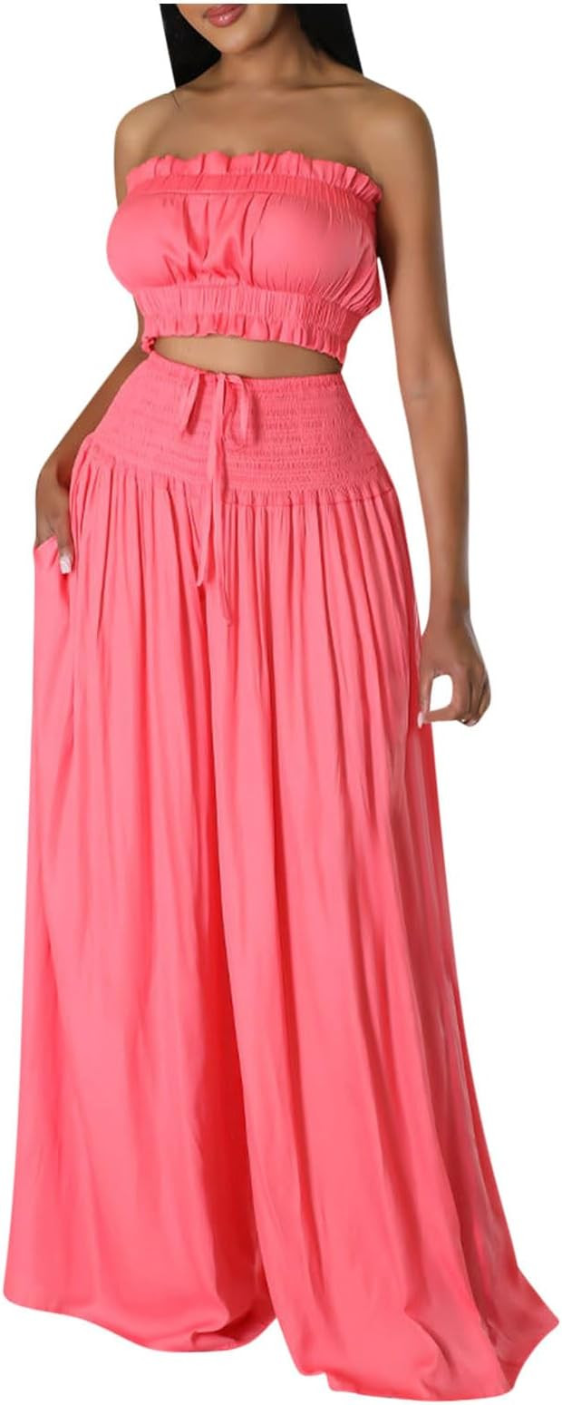 Generic Women's 2 Piece Outfits Sleeveless Tube Strapless Crop Top and Fashion Wide Leg Pant Soft... | Amazon (US)