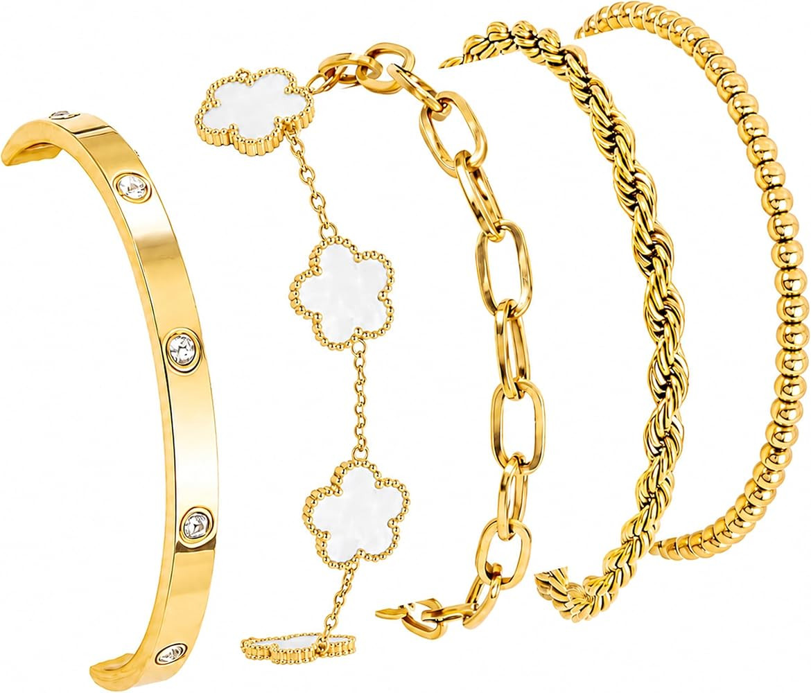 Lamdo 18K Gold Plated Womens Stackable Floral Gold Clover Bracelets Set Love Bangle Bracelets Non... | Amazon (US)