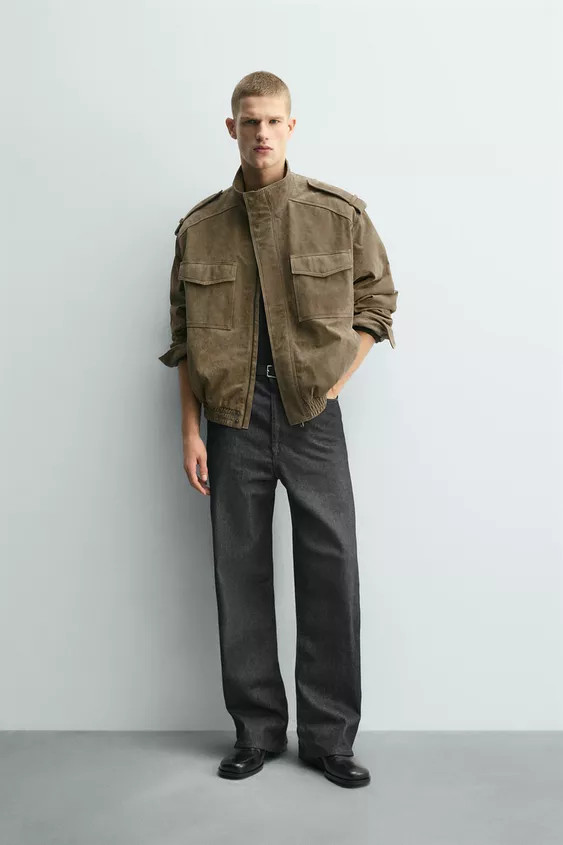 Relaxed fit jacket made of leather fabric with a suede finish. Featuring a high collar and long s... | Zara UK