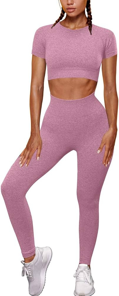 OYS Womens Yoga 2 Pieces Workout Outfits Seamless High Waist Leggings Sports Crop Top Running Clo... | Amazon (US)