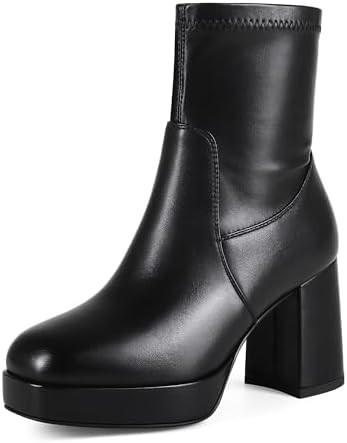 Square Toe Boots for Women Stretch Booties Ankle Boots Platform Chunky Boots Ladies | Amazon (US)