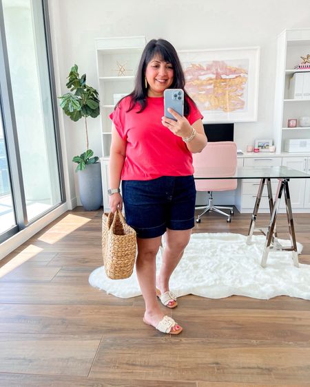 Spanx Early Summer Sale! 40% off lots of great items with code EARLYSUMMER including these new denim trouser shorts from Spanx! They come in two different inseams (6 inch and 4 inch) and I’m wearing the 6 inch version here. They’re the perfect length (not too short and not too long), have good pocket placement in the back even in a larger size and they hold you in in all the right places! The leg opening accommodates wider hips and thicker thighs really well and even though they’re made of a thicker material, these shorts lay well and have good stretch for comfort. If you’re in between sizes, I’d recommend sizing up. I’m usually around a size 12 but got these in an XL which worked out perfectly. Paired them with my favorite $10 Target tee in size large, Target sandals and Target straw tote bag.

Summer outfit, travel outfit, sandals, vacation outfit, summer outfit, shorts, denim shorts, trouser shorts, Spanx shorts, summer sandals, spring sandals, neutral sandals, raffia sandals, straw tote bag, beach bag, beach tote

#LTKSaleAlert #LTKMidsize #LTKStyleTip