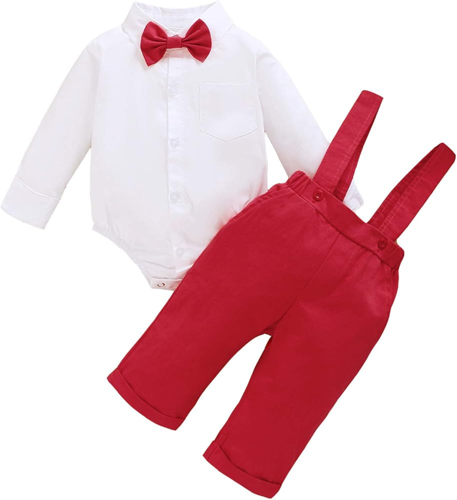ROMPERINBOX Baby Boy Red Gentleman Outfits Toddler Short Long Sleeve Shirt+Bowtie+Bib Pants Infan... | Amazon (US)