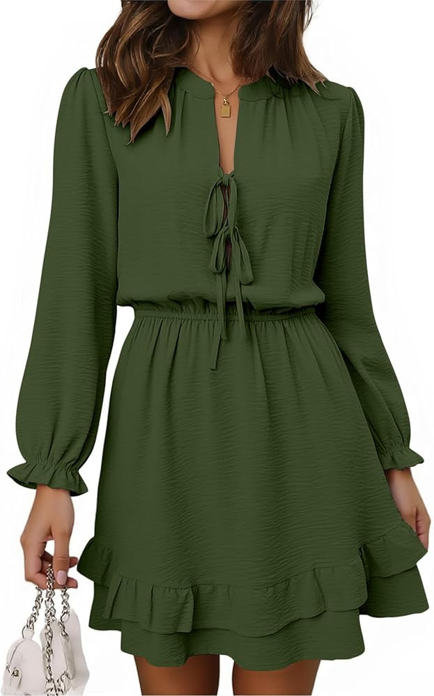 Angashion Womens Tie Front Mini Dress: V Neck Long Sleeve Layer Ruffle Hem Dress with Pockets | Amazon (US)
