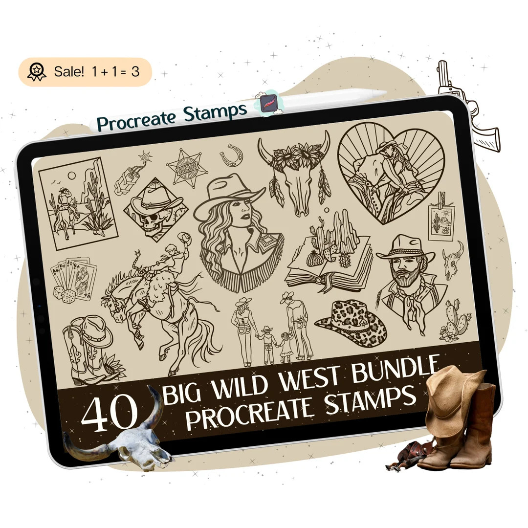 Wild West Procreate Stamps, Cowboy Doodle Brush Set (40) - Etsy | Etsy (US)