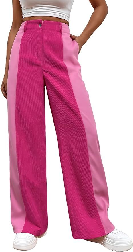 WDIRARA Women's High Waisted Color Block Straight Leg Casual Loose Pants with Pocket | Amazon (US)