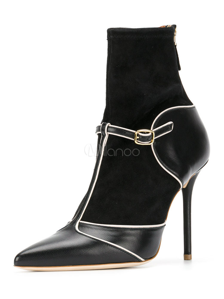 High Heel Booties Black Pointed Toe Two Tone Stiletto Slip On Leather Boots For Women | Milanoo