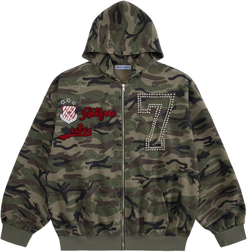 Aelfric Eden Camo Zip Up Hoodie with Studded Y2k Graphic Oversized Hoodies Vintage Streetwear Out... | Amazon (US)