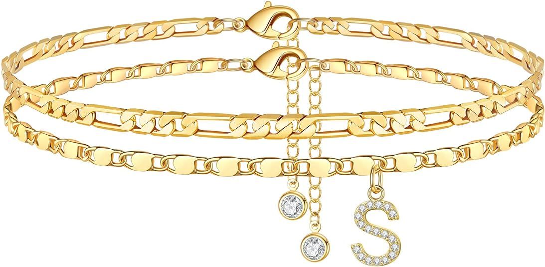 Ursteel Ankle Bracelets for Women, 14K Gold Plated Dainty Layered Figaro Chain CZ Initial Anklets... | Amazon (US)