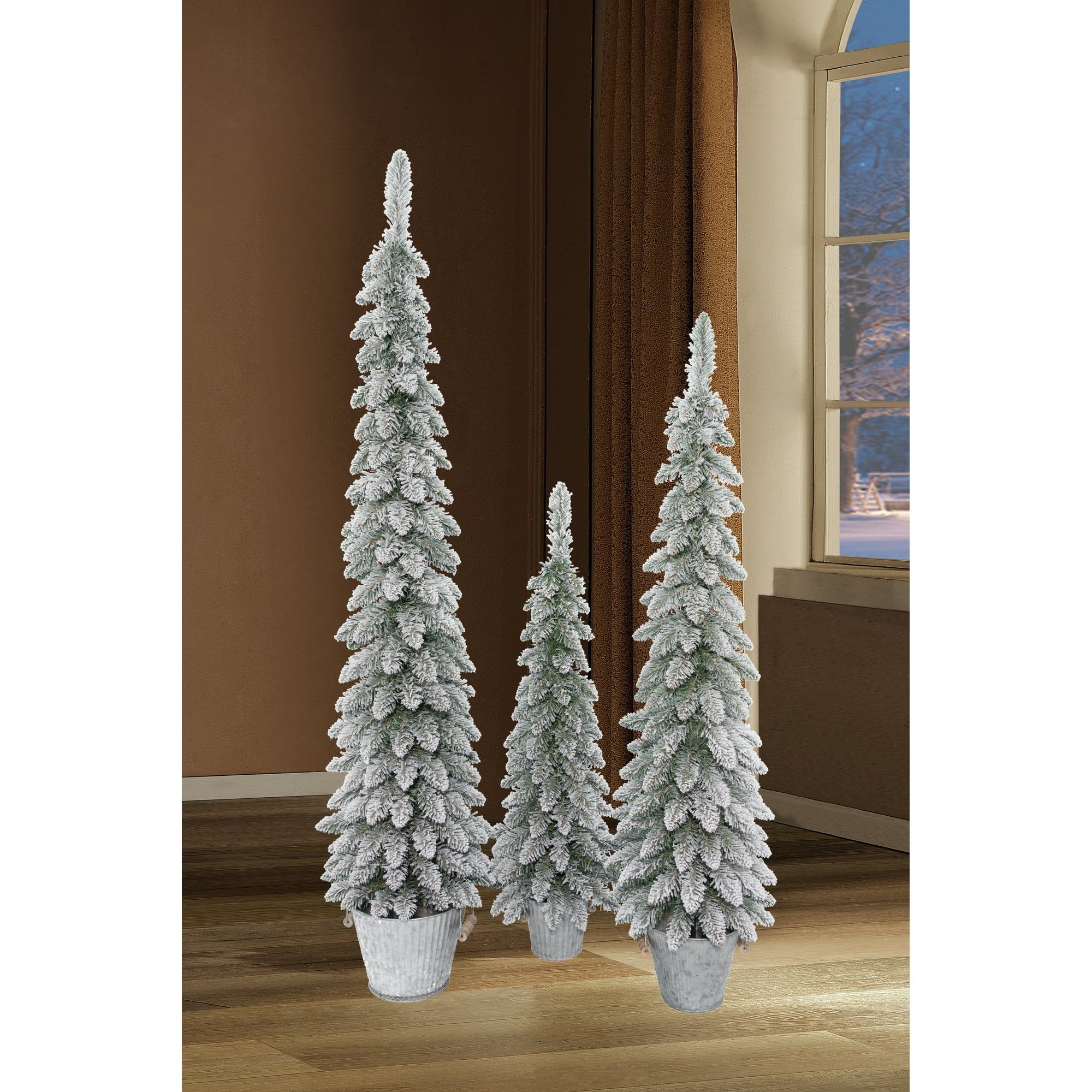 Artificial Flocked Christmas Trees with Decorative Galvanized Pots, 3 ft/4 ft/5ft, Set of 3, by H... | Walmart (US)