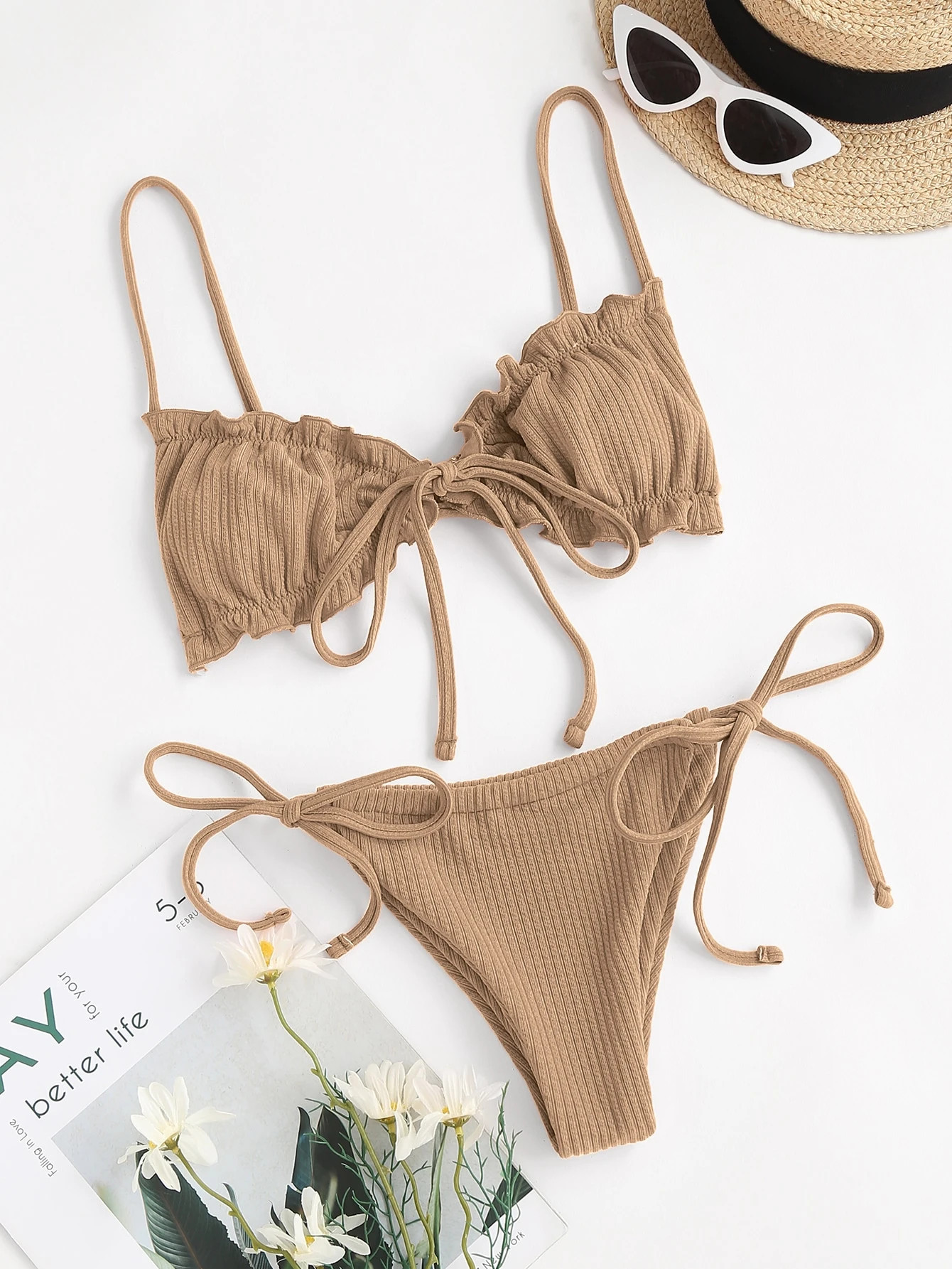 Tie Front Lettuce Trim Bikini Swimsuit | SHEIN