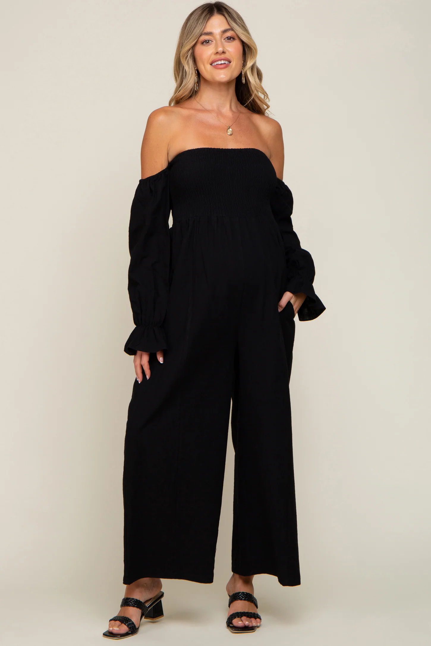 Black Linen Smocked Off Shoulder Wide Leg Maternity Jumpsuit | PinkBlush Maternity