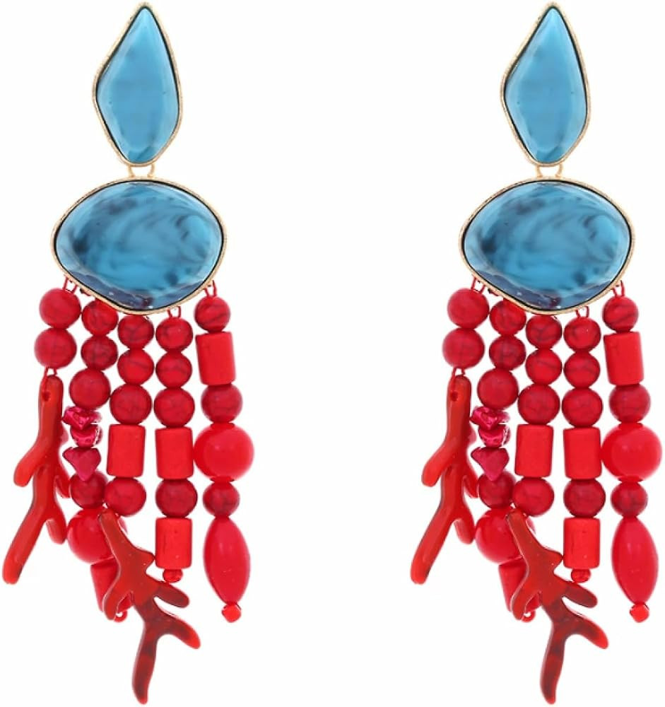 11.3 * 2.6cm Vintage Ethnic Style Turquoise Handmade Bead Coral Tassel Earrings | Amazon (US)