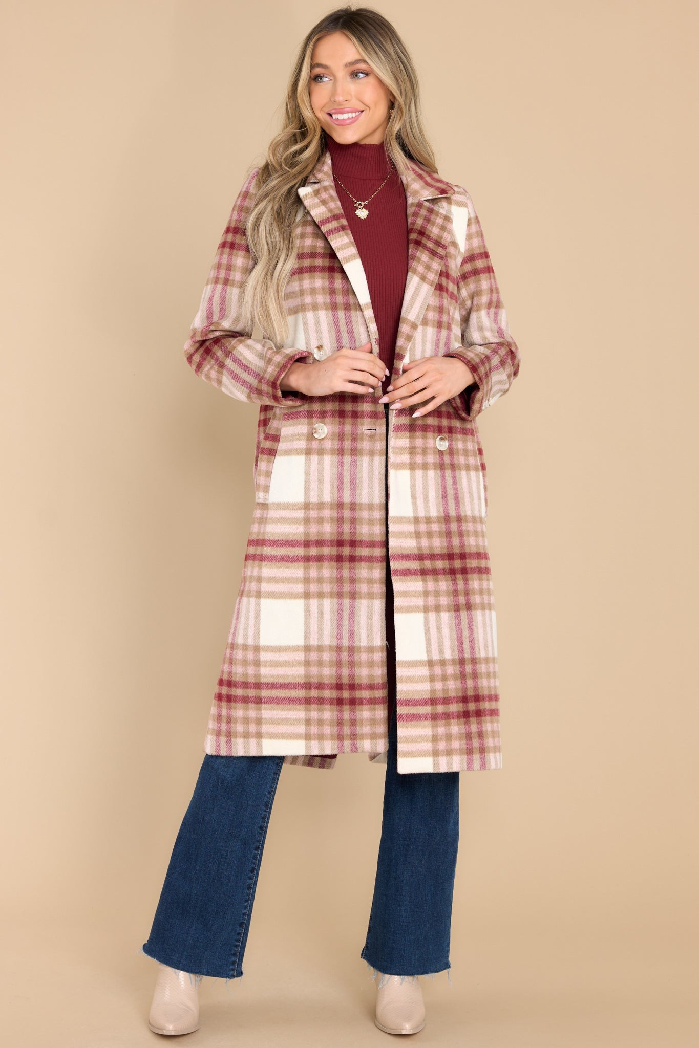 Riley Tan Multi Plaid Check Coat | Red Dress 