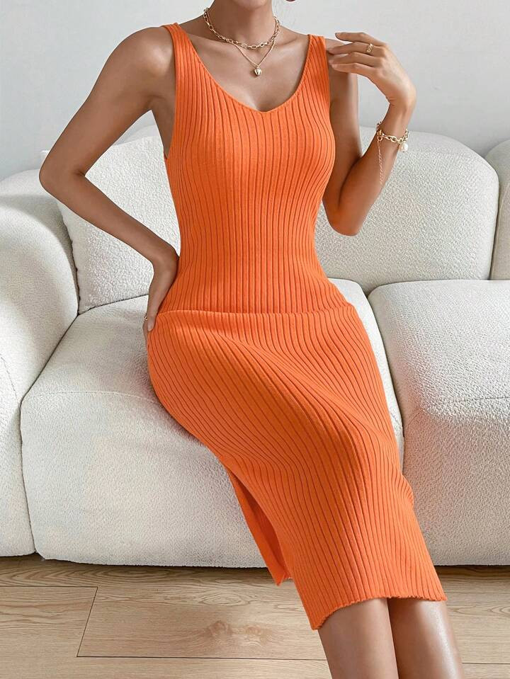SHEIN Privé Solid Ribbed Knit Tank Sweater Dress | SHEIN