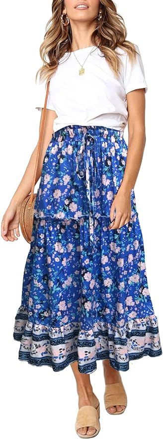 MEROKEETY Women's Boho Floral Print Elastic High Waist Pleated A Line Maxi Skirt | Amazon (US)
