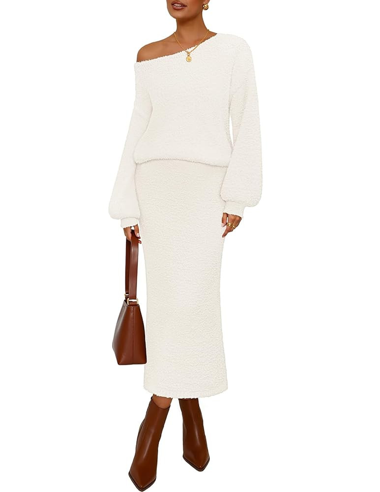 MEROKEETY Women's 2025 Fall Fuzzy 2 Piece Outfit Winter Long Sleeve Off Shoulder Pullover Top Mid... | Amazon (US)