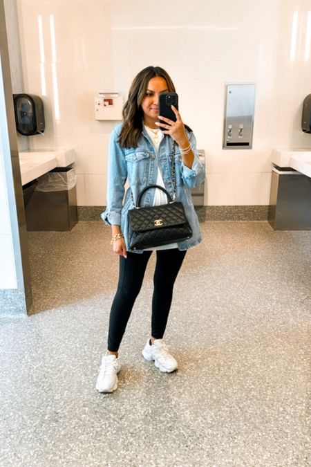 Travel Outfit ✈️ 
Denim jacket size xxs regular - TTS White oversized tee - old from Abercrombie, similar linked Leggings size 6 - I size up two sizes in this brand! 
Sneakers size 6.5 TTS Purse - Chanel coco handle medium size

#LTKTravel #LTKStyleTip #LTKFindsUnder100