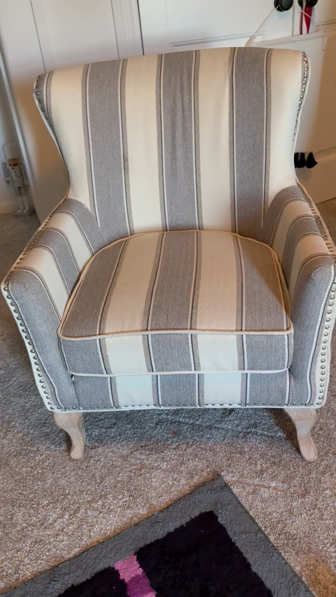 Modern home accent chair with striped pattern and wooden legs, comfy, upholstered, armchair, sofa, chair for living room or bedroom, gray and off-white cream color  

#LTKHome
