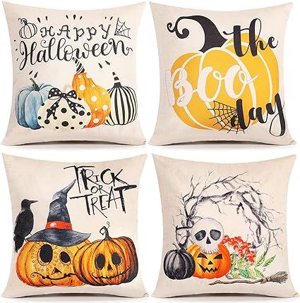 SunnyMemory Fall Pumpkin Halloween Pillow Covers 18×18 Inch Set of 4 Trick or Treat Throw Pillow... | Amazon (US)