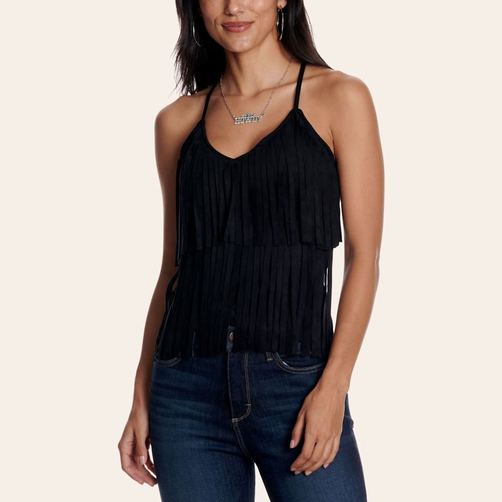 Blue B Women's Black V-Neck Fringe Cami-Tank | Cavender's