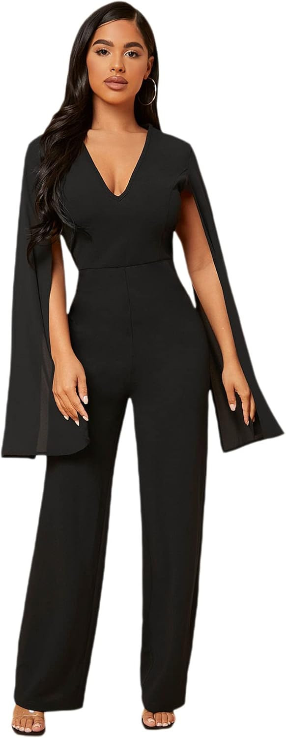 WDIRARA Women's Deep V Neck Split Long Sleeve High Waist Jumpsuit Elegant Formal Wide Leg Long Pa... | Amazon (US)