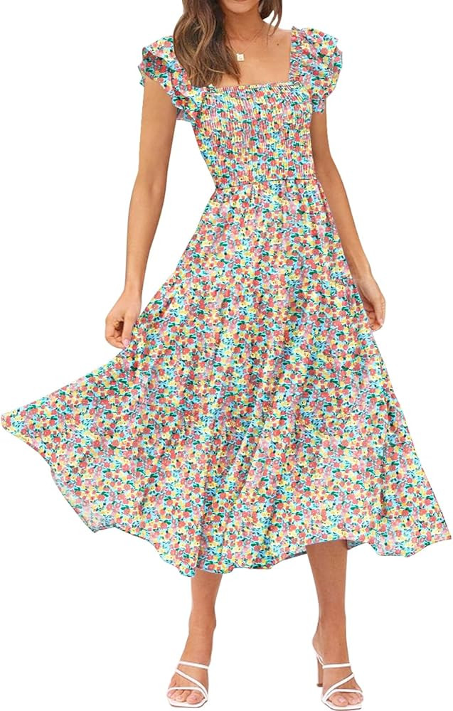 DOROSE Women's Summer Floral Dress Square Neck Smocked Boho Midi Dress Ruffle Tie Back Flowy Beac... | Amazon (US)