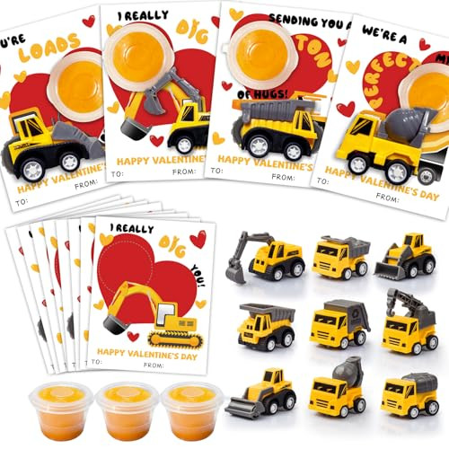 AMINORD Valentines Day Gifts for Kids - 24 Construction Vehicles Toys with Playdough Card Bulk - Funny Valentine Exchange Cards for Boys Girls Toddler School Class Classroom Party Favors | Amazon (US)