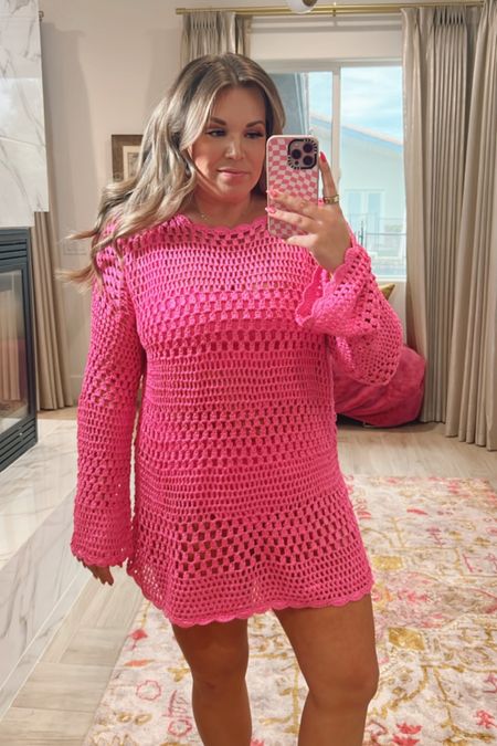 curvy hot pink crochet swim cover up pullover! wearing size xl for a looser fit! runs slightly big. wearing size large in swim top and bottom underneath! 

#LTKswim #LTKunder100 #LTKcurves