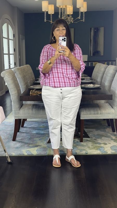 Plaid top in plus and white jeans in size 18. Cute summer style. Tory Burch pink bag. 

#summeroutfit
#toryburch

Follow my shop @417bargainfindergirl on the @shop.LTK app to shop this post and get my exclusive app-only content!

#liketkit #LTKitbag #LTKfindsunder50 #LTKover40
@shop.ltk
https://liketk.it/4FPsp